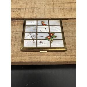 Vintage USA Brass Mother of Pearl Butterfly Makeup Compact Mirror